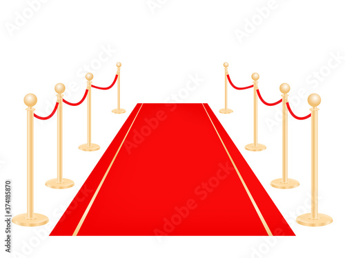 Red carpet and golden barriers vector illustration isolated on white. VIP ceremony celebration for celebrity. 