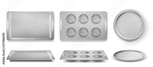 Trays for baking muffins, pizza and bakery top and front view, empty tin pans, isolated rectangle and round forms. Kitchen utensil for oven, silver metal dishes for cooking, Realistic 3d vector set