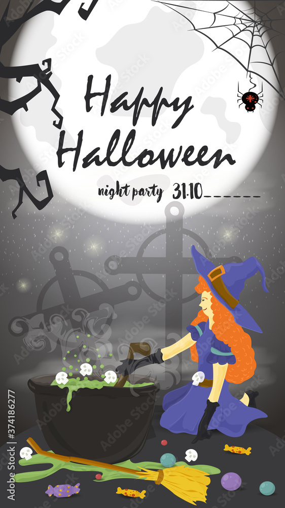 Vertical banner for holiday design on the theme all saints eve Halloween a Witch brews a potion in a cauldron on the background of the moon black gradient background flat vector illustration