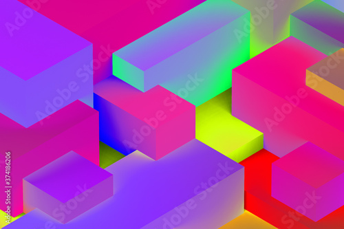 Abstract geometric cubic colorful in neon lights background. isometric 3d render.