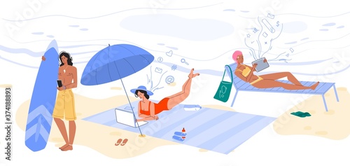 Wireless connection technology for online communication. Man woman sunbathing surfing on beach during rest stay connected via smarphone, digital tablet. Nature, mobile internet, social media concept