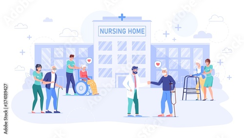 Nurse, doctor taking care about senior grandmother, grandfather in hospital. Nursing home building exterior. Rehabilitation, health care for old, sick, disabled people. Center for retired man, woman