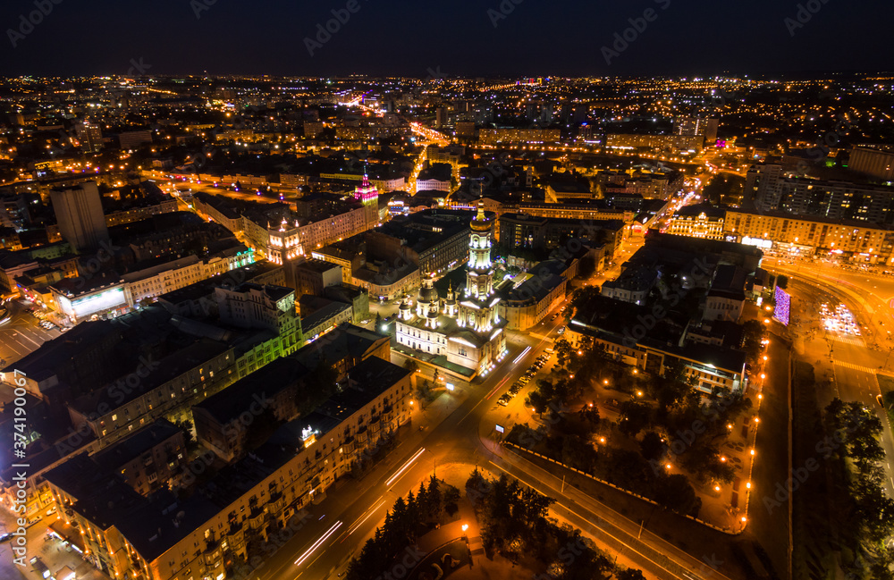 Night aerial view to Holy Dormition Cathedral in Kharkiv