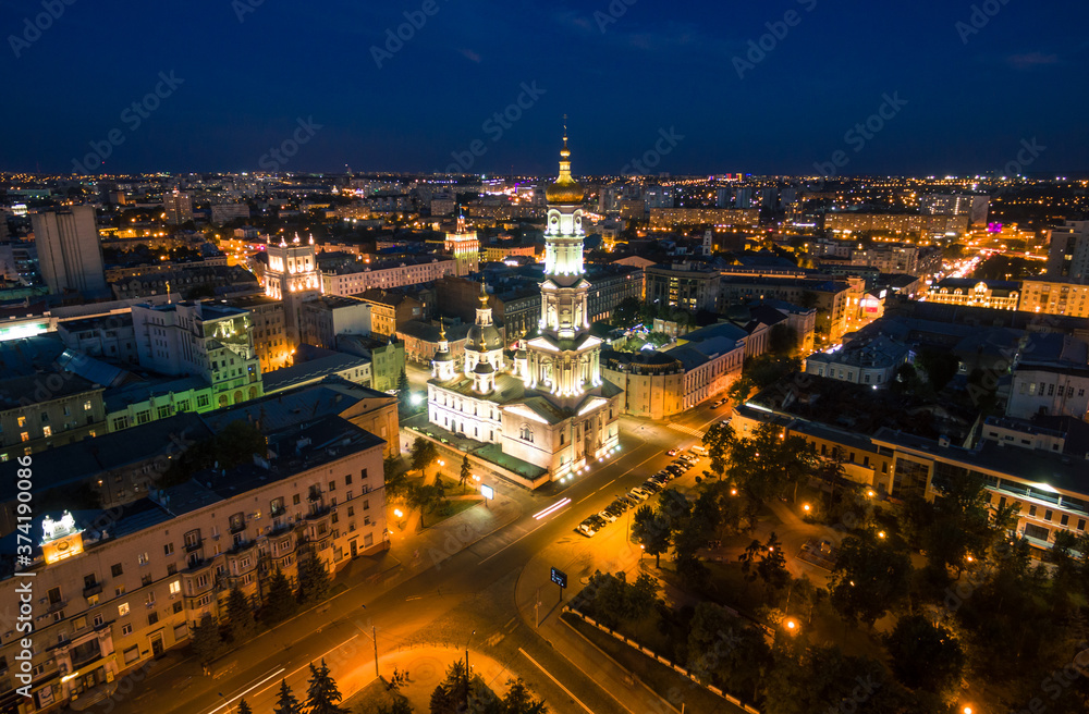 Night aerial view to Holy Dormition Cathedral in Kharkiv