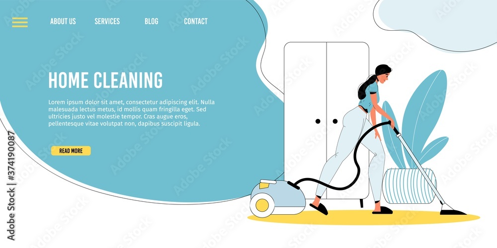 Home cleaning. Household activities. Young woman vacuuming floor using professional equipment doing housework. Housekeeping duty, domestic chore. Daily life routine. Landing page design template