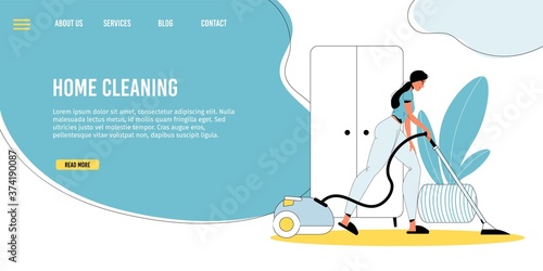 Home cleaning. Household activities. Young woman vacuuming floor using professional equipment doing housework. Housekeeping duty, domestic chore. Daily life routine. Landing page design template