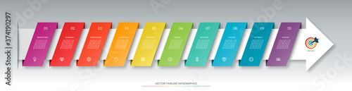 Infographic arrow timeline template with 10 steps. Can be used for web design, diagram, chart, business presentation.
