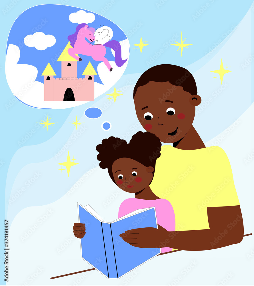 Father and daughter reading a book. Girl presents a fairy tale from a book. Development of children's fantasy. Vector family characters in flat style. Father and daughter reading a book. Girl presents a fairy tale from a book. Development of children's fantasy. Vector family characters in flat style.