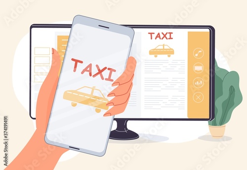 Taxi rent order online service. Cab booking mobile application interface. Carsharing app. Woman hand holding smartphone near computer monitor screen. Auto model choice, car map navigation