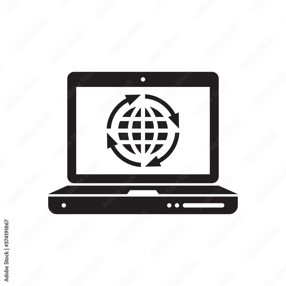 Computer notebook with globe arrows - black flat icon design. Global network communication sign. Modern technology symbol. Multimedia electronic tech. Data digital. Vector illustration. Computer notebook with globe arrows - black flat icon design. Global network communication sign. Modern technology symbol. Multimedia electronic tech. Data digital. Vector illustration.