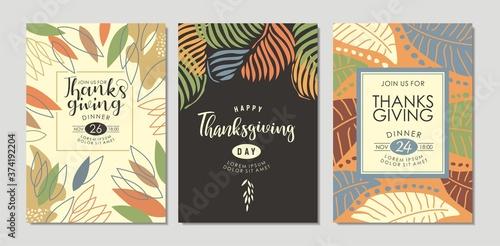 Thanksgiving day invitations and greeting cards collection with autumn floral shapes and leaves. Vector illustration.