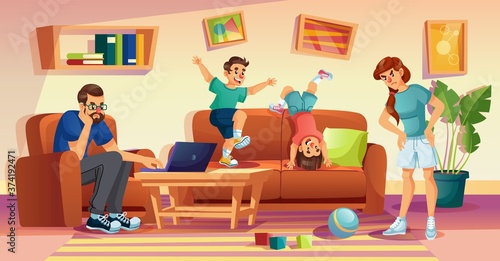 Angry mother, annoyed father, naughty kids at home. Man freelancer trying to work online on laptop. Woman scolding children for mess in living room. Rowdy boys jumping on sofa. Child bad behavior