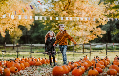 Young girl and boy walking on a pumpkin's field. Autumn background.