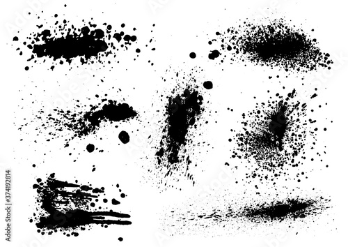 Vector black and white ink splash, blot and brush stroke, spot, spray, smudge, spatter, splatter, drip, drop, ink blob Grunge textured elements for design, background.