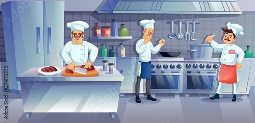 Restaurant kitchen staff character cooking. Master chef professional team preparing dinner, boiling soup, cutting meat, seasoning dish. Furniture interior, utensils. Commercial catering service