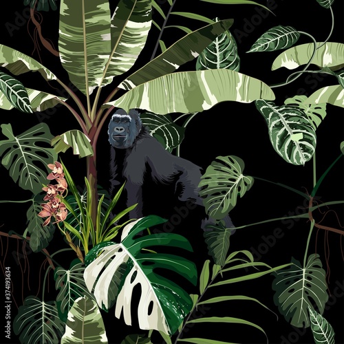 Seamless pattern with monstera, liana, leaves, orchid flowers and monkey gorilla animals. Illustration on black background.