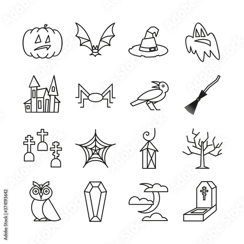 Halloween icon set in line art style isolated on white background. Vector Illustration
