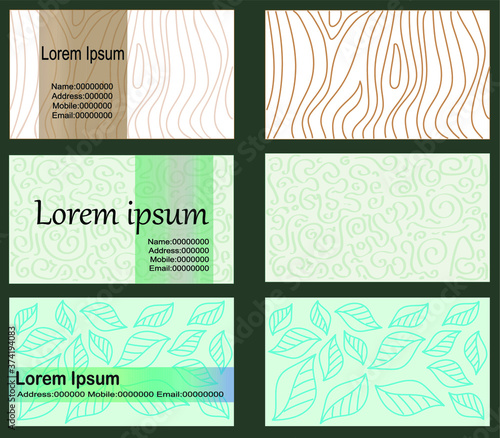 Business cards set, Artistic colourful hand drawn designs nature leaves lines and patterns. Vector illustration 