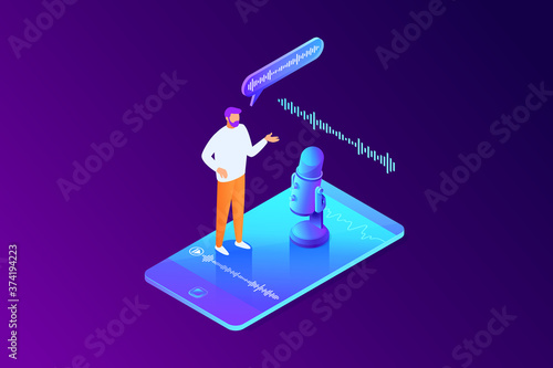 Isometric concept of voice message recording, man using microphone on phone, character talk to smartphone, online interview, communication, 3d vector illustration