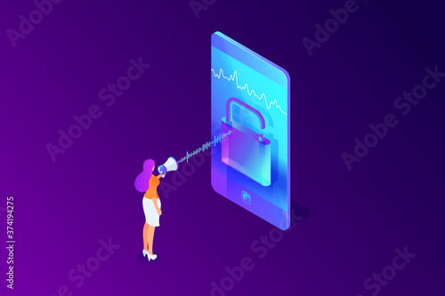 Woman accesses, unlock phone by voice, security isometric concept, character with megaphone talking with smartphone, using mobile device, vector illustration