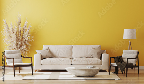 Yellow room interior, living room interior mockup, empty yellow wall, 3d rendering