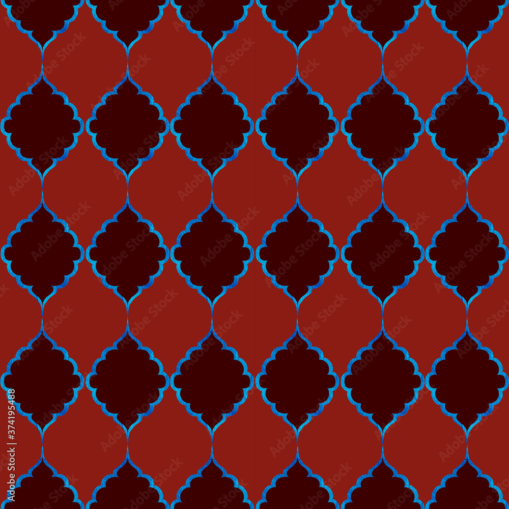 Fototapeta premium Moroccan pattern, mazaica, oriental mortivs, summer colors, fresh furnishings. blue and red and burgundy