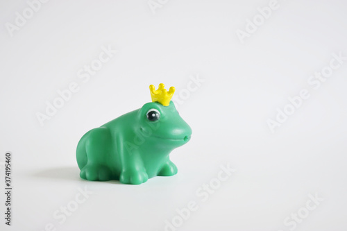 Green rubber toy frog on a white background