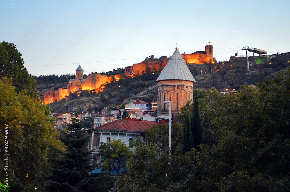 Tbilisi View of Metekhi Church & Narikala Fortress from Bridge of Peace