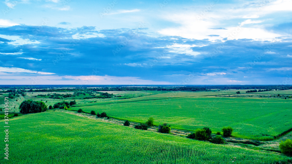 Rural landscape with green field and blue cloudy sky Rural landscape with green field and blue cloudy sky