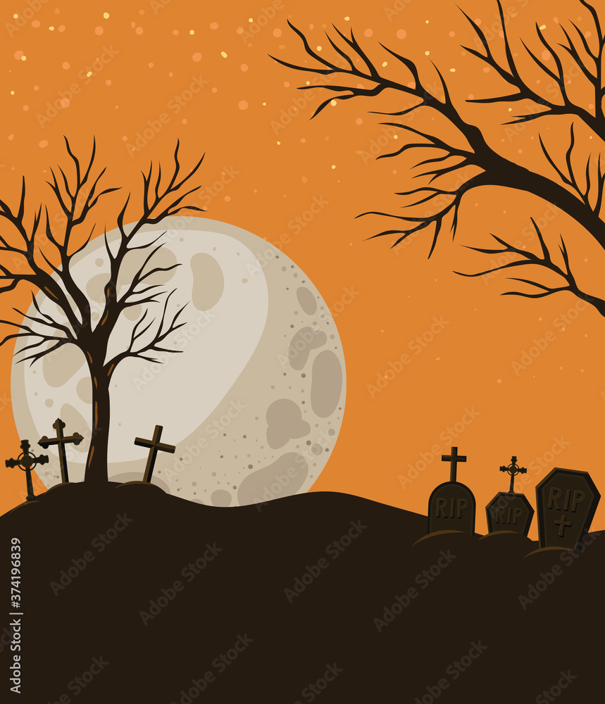 Halloween crosses graves and trees in front of moon landscape design, Holiday and scary theme Vector illustration