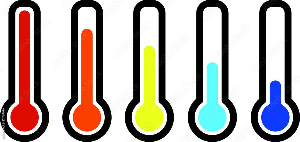 Simple thermometer set of icon in colors. Set temperature with business symbol or concept background.