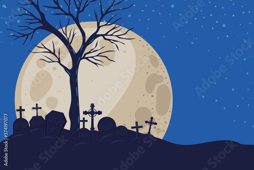 Halloween crosses graves and trees in front of moon landscape design, Holiday and scary theme Vector illustration