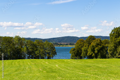 View of the lake and the lakeside of the Kochelsee in Bavaria