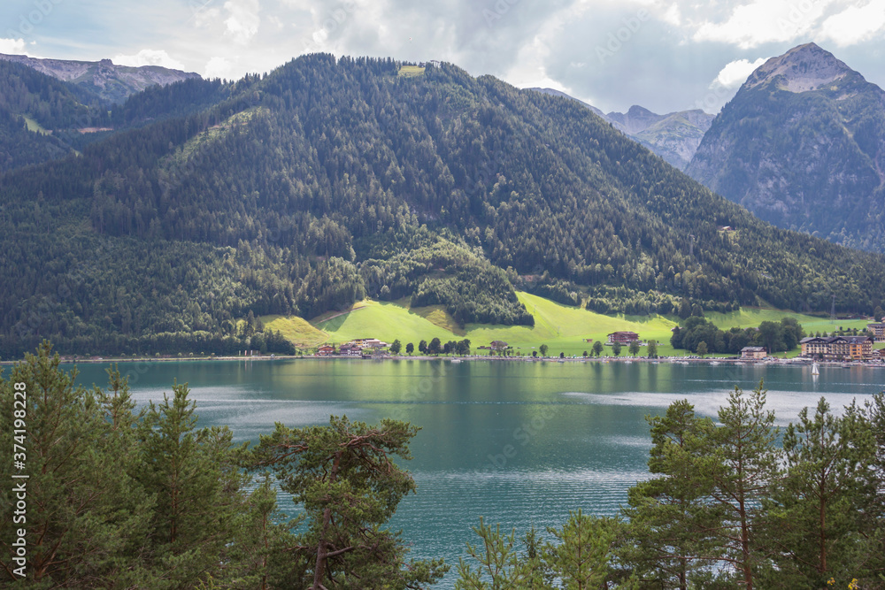 Fototapeta premium beautiful nature summer mountain and lake, landscape with copy space of summer vacation and business travel concept