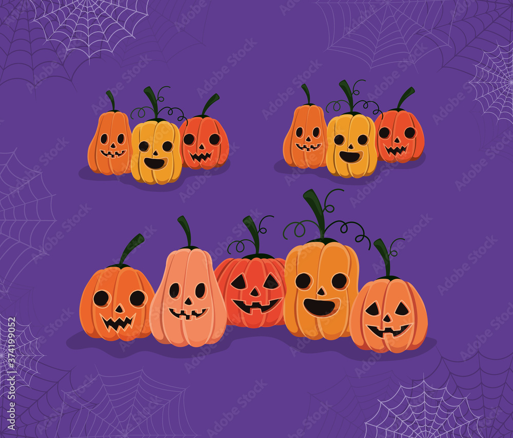 Halloween pumpkins cartoons with spiderwebs design, Holiday and scary theme Vector illustration