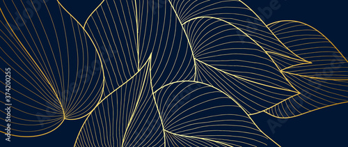 Gold luxury leaf and flower line art background vector, wallpaper and print, house plant, Vector illustration.