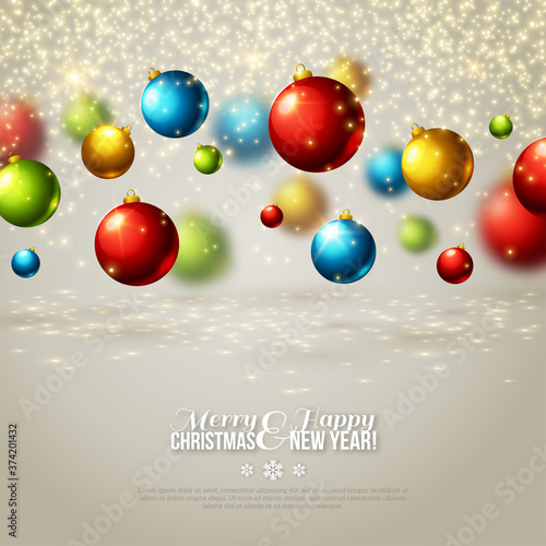 Christmas background with colorful balls. Vector illustration. Lights  sparkles. Design for invitations or announcements. Season greetings.