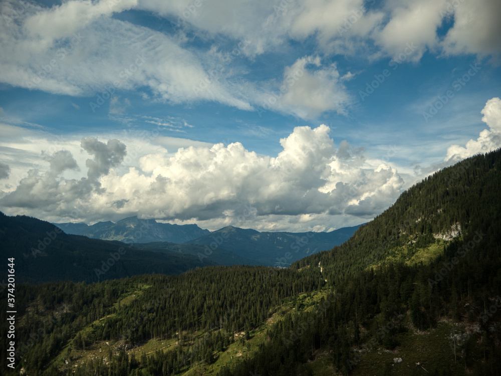 Gosausee mountain peaks aerial view with clouds