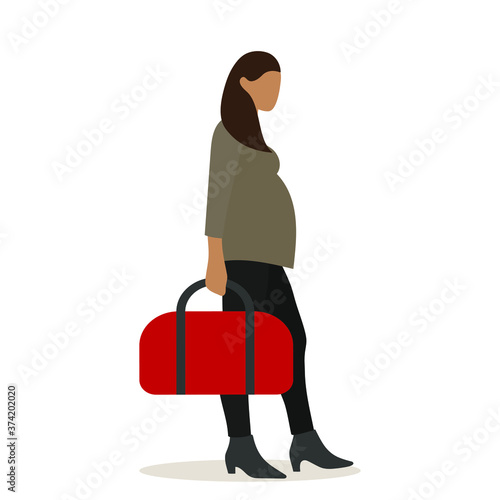 Pregnant female character with a big bag in her hand on a white background