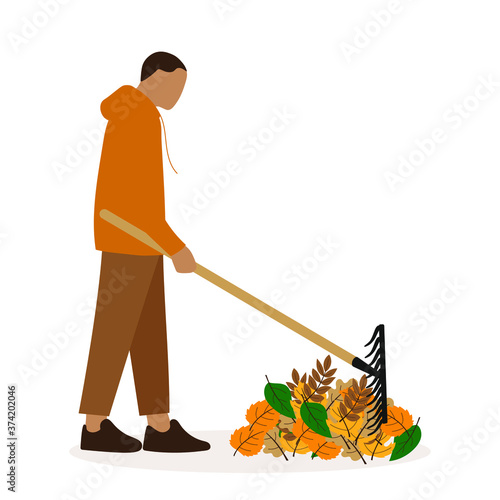 Male character collects leaves in a bunch with a rake