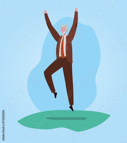 Senior man cartoon jumping on blue background design, grandfather and old male person theme Vector illustration
