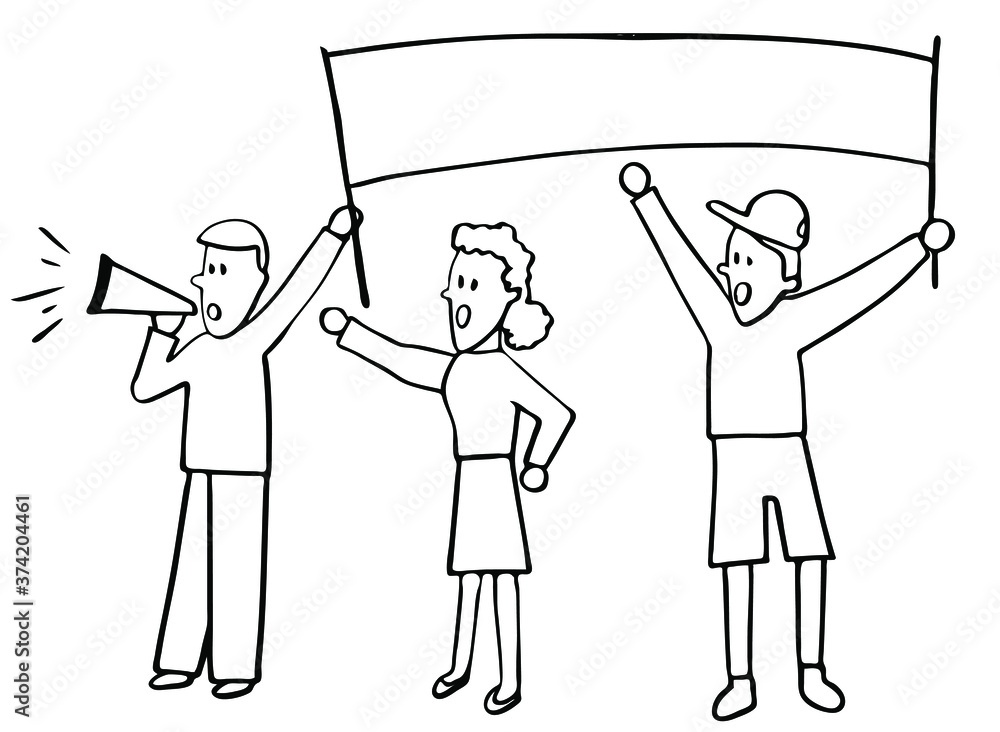 people who protest and demonstrate. Shouting slogans into a megaphone. Black-and-white contour drawing isolated on a white background people who protest and demonstrate. Shouting slogans into a megaphone. Black-and-white contour drawing isolated on a white background