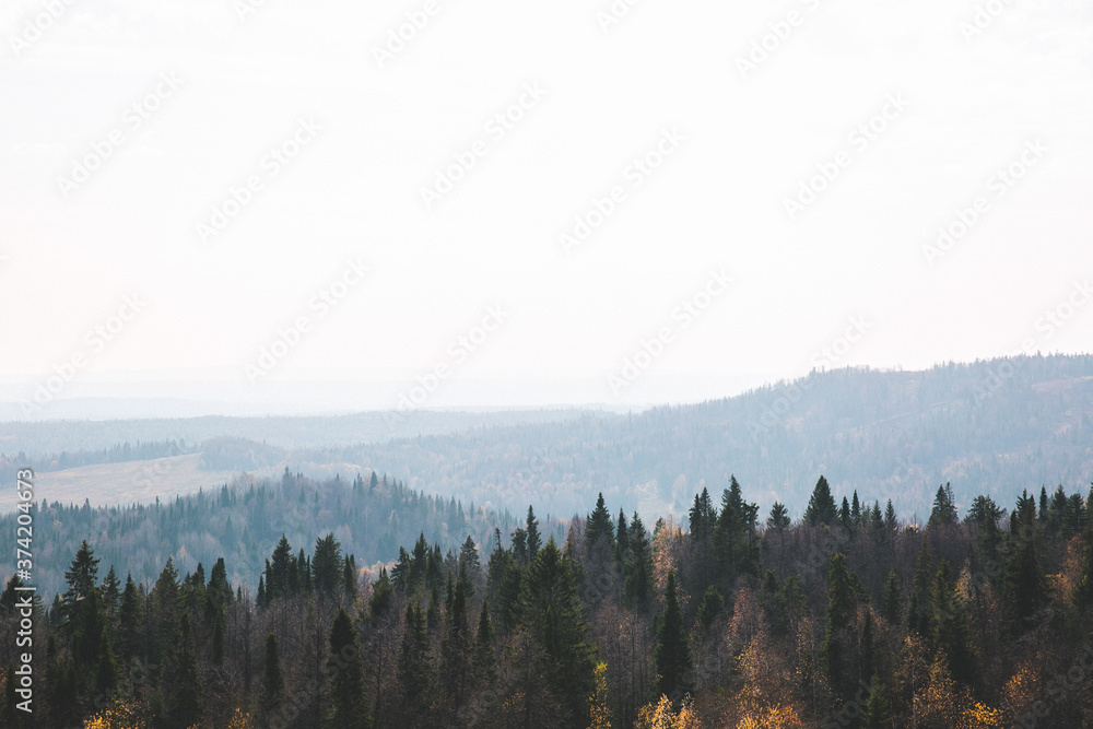 A top view of colourful forest trees layers in the autumn season. space for text. Perm, Russia A top view of colourful forest trees layers in the autumn season. space for text. Perm, Russia