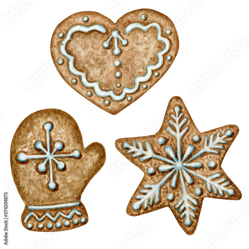 Christmas gingerbread cookies set, mitten snowflake star heart, winter holiday sweet food. Watercolor illustration isolated on white background. Xmas tree decorations. Greeting card design concept.