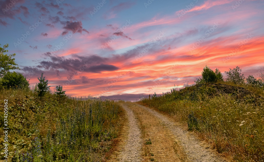 A path with trees on the side of a hill under a colorful dramatic sunset sky. High quality photo