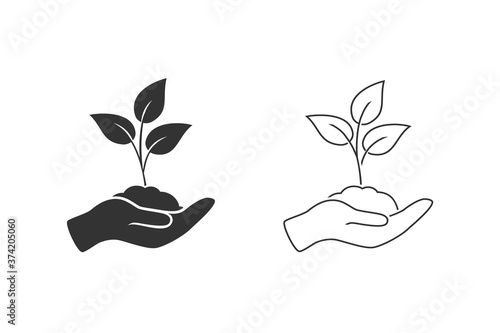 Leaf and hand, care nature line icon set vector