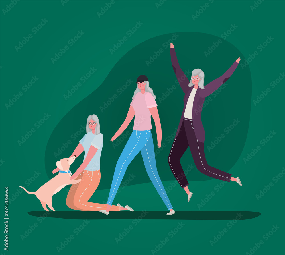 Senior women cartoons with dog walking and jumping design, Activity theme Vector illustration Senior women cartoons with dog walking and jumping design, Activity theme Vector illustration