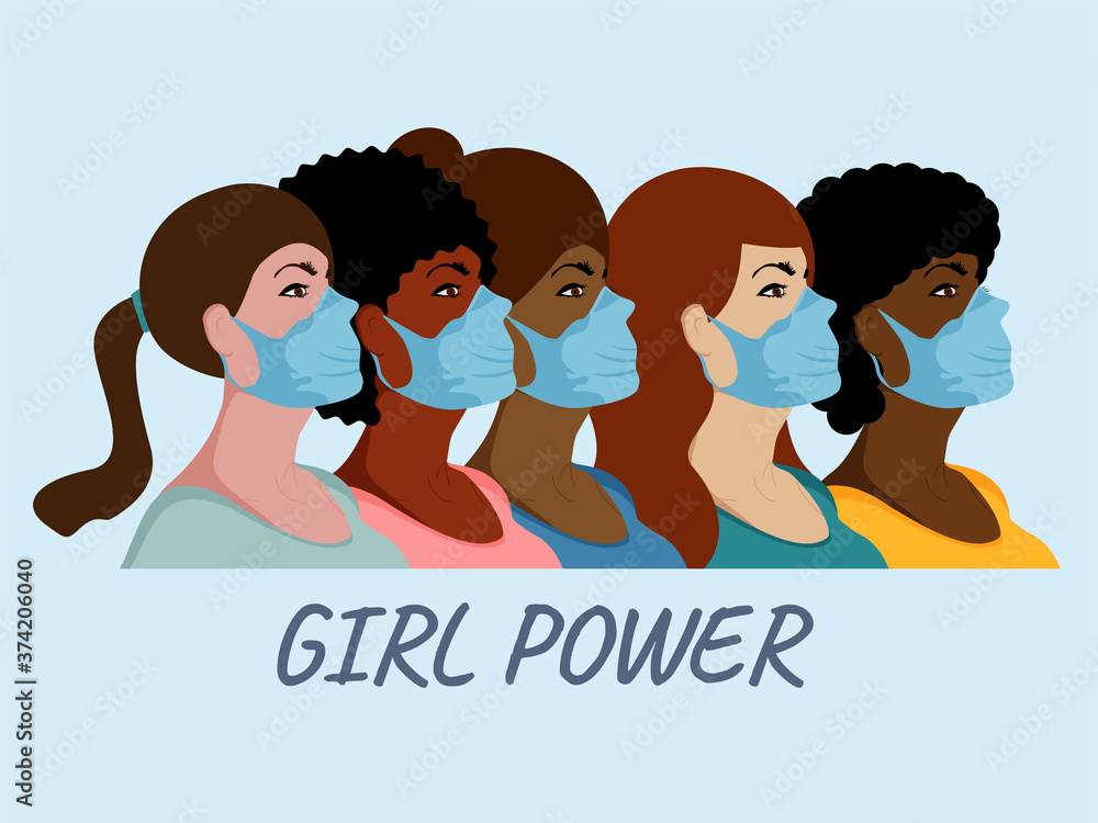 Girl power. Women wear face medical mask vector illustration. International women day on blue background. Girl power. Women wear face medical mask vector illustration. International women day on blue background.