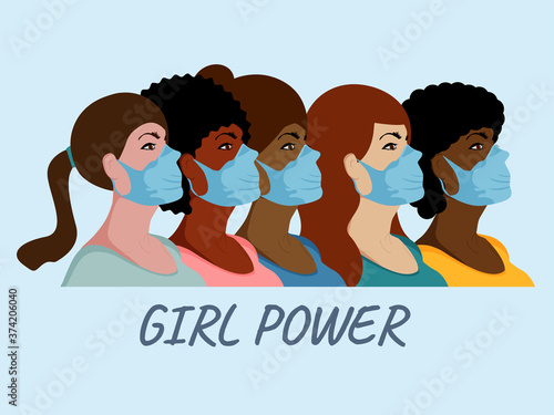 Girl power. Women wear face medical mask vector illustration. International women day on blue background.