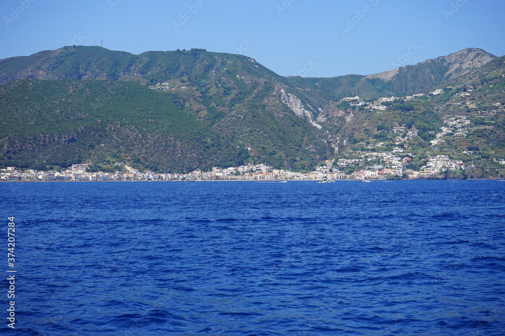 Panoramic view of  Lipari Island seen from the sea, Aeolian Islands (Sicily, Italy) 